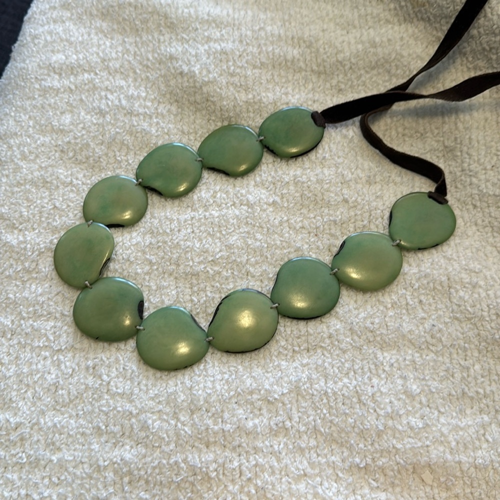 Light Green Tagua Necklace with Brown Leather Strap